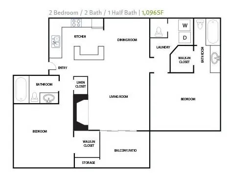 A floor plan of a 2 bedroom apartment with 2 bathrooms and a half bath.